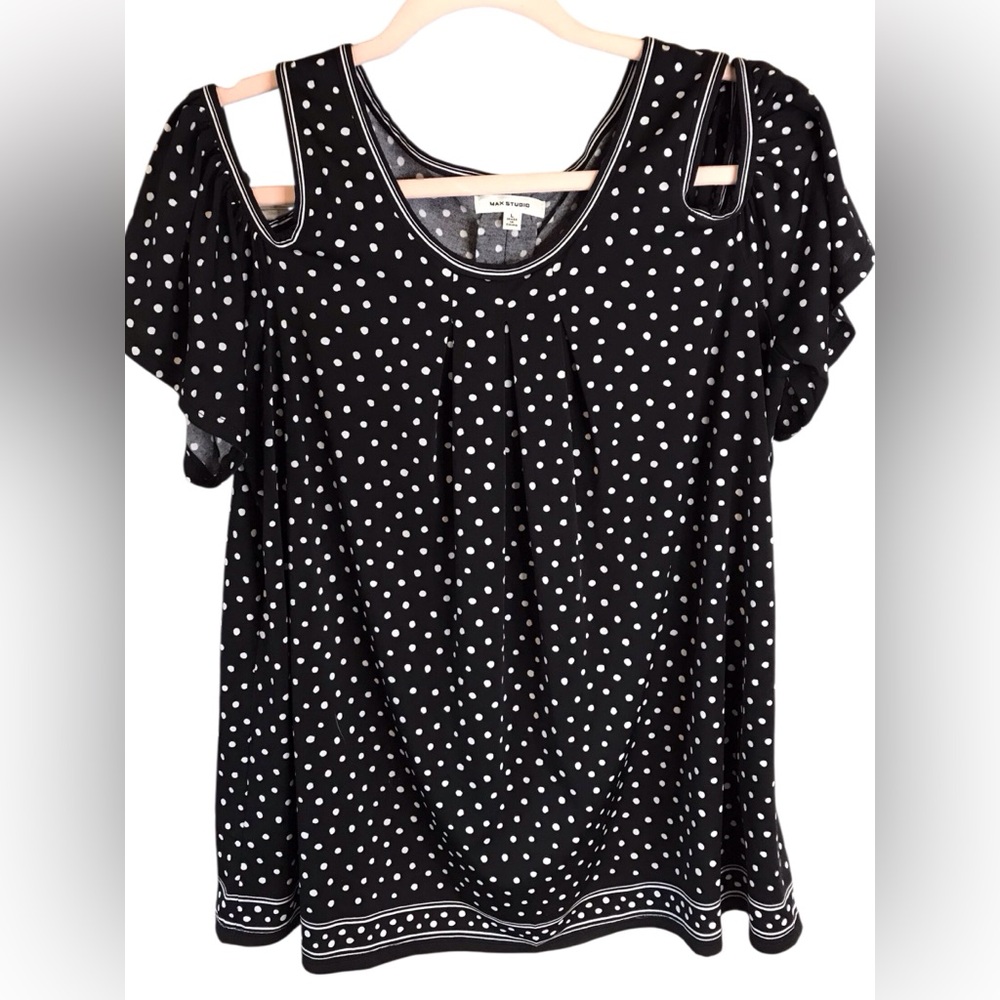 Max Studio Womens  Cold Shoulder Polka Dot Top Size L Black Flowy Office‎ Career